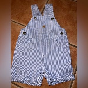 Carhartt baby blue and white stripped overall shorts. Size 18M